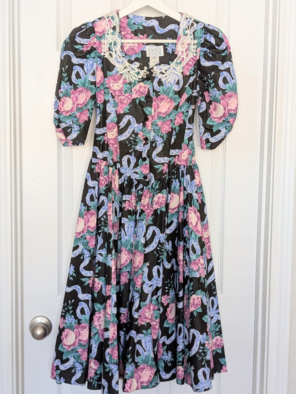 Vintage 80s 90s Black Floral Midi Dress with Lace Trim - Pink & Blue - Girls 10